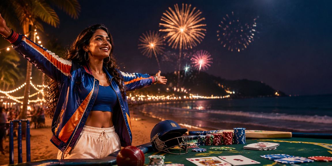 Indian cricket betting scene by the beach at sunset