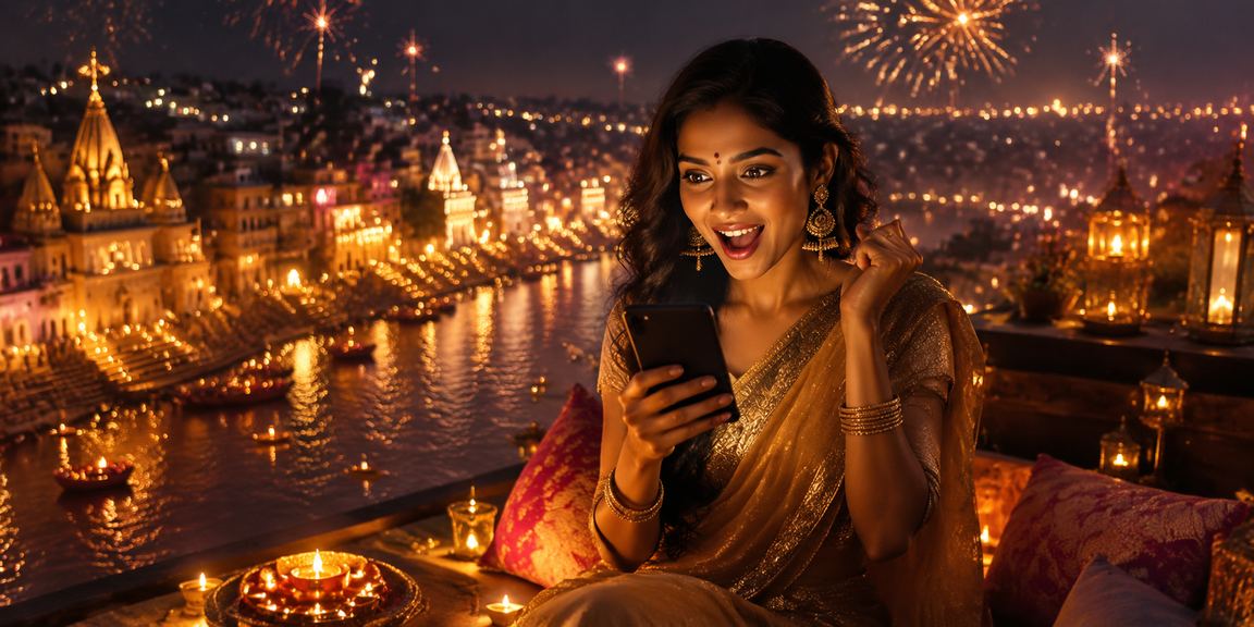 A mobile user betting on cricket during Diwali festival in Varanasi